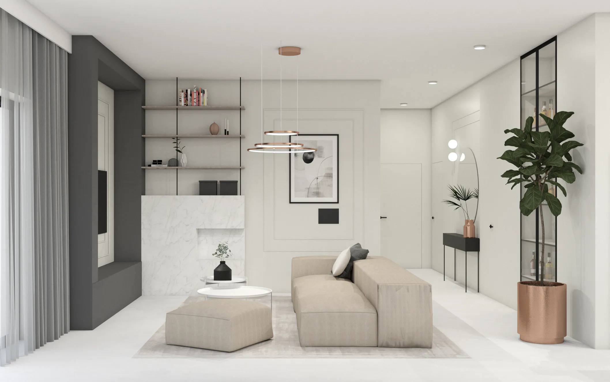 Projekt wnętrza domu w Trzebnicy — przestronny salon z naturalnym oświetleniem